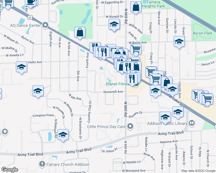map of restaurants, bars, coffee shops, grocery stores, and more near 710 Briar Hill Lane in Addison