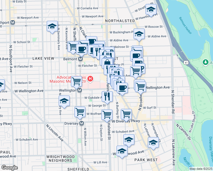 map of restaurants, bars, coffee shops, grocery stores, and more near 3016 North Halsted Street in Chicago