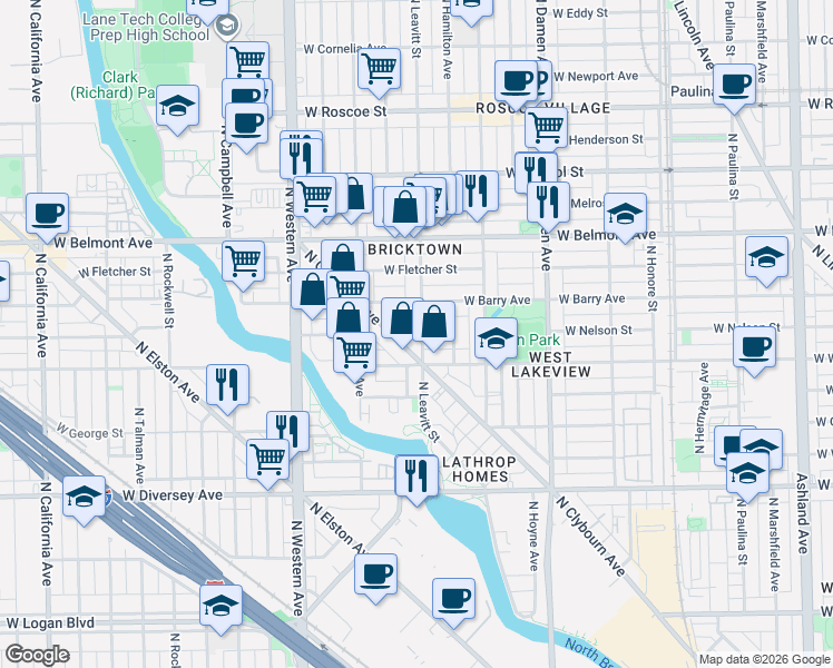map of restaurants, bars, coffee shops, grocery stores, and more near 3028 N Leavitt St in Chicago