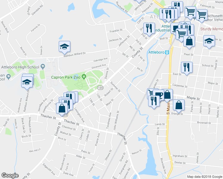 map of restaurants, bars, coffee shops, grocery stores, and more near 45 Robert Street in Attleboro