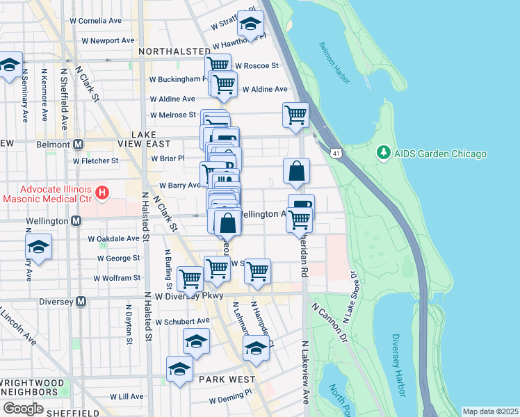 map of restaurants, bars, coffee shops, grocery stores, and more near 504 West Wellington Avenue in Chicago