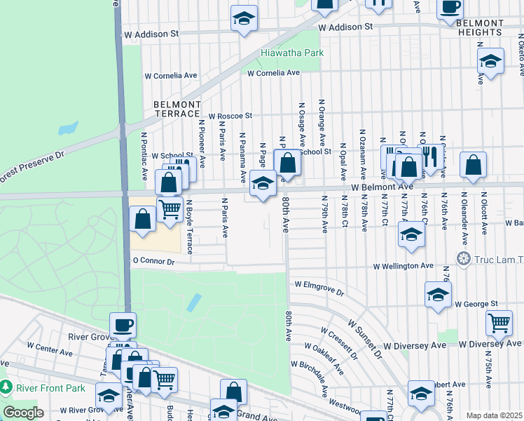 map of restaurants, bars, coffee shops, grocery stores, and more near 8001 West Belmont Avenue in River Grove