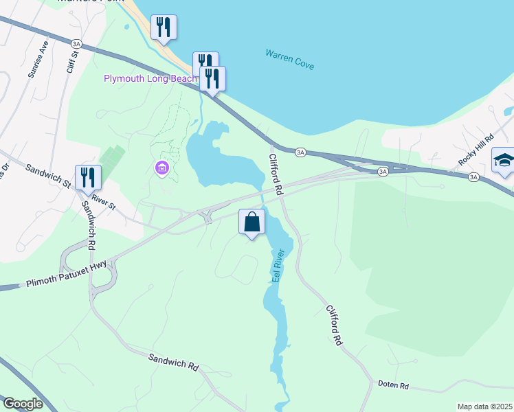 map of restaurants, bars, coffee shops, grocery stores, and more near 61 River Street in Plymouth