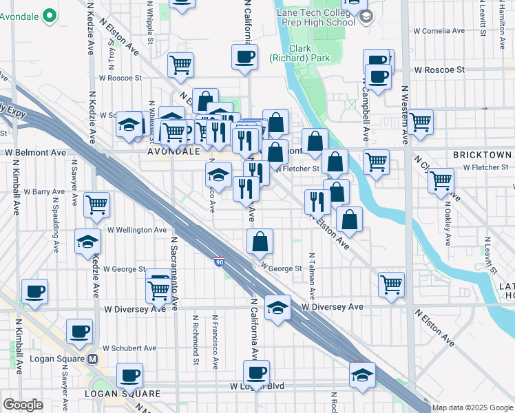 map of restaurants, bars, coffee shops, grocery stores, and more near 3043 North California Avenue in Chicago