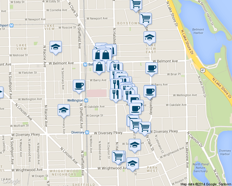 map of restaurants, bars, coffee shops, grocery stores, and more near 3016 North Halsted Street in Chicago