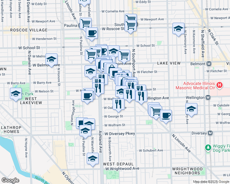 map of restaurants, bars, coffee shops, grocery stores, and more near 1503 West Nelson Street in Chicago