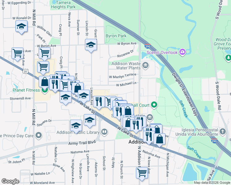 map of restaurants, bars, coffee shops, grocery stores, and more near 119 West Michael Lane in Addison