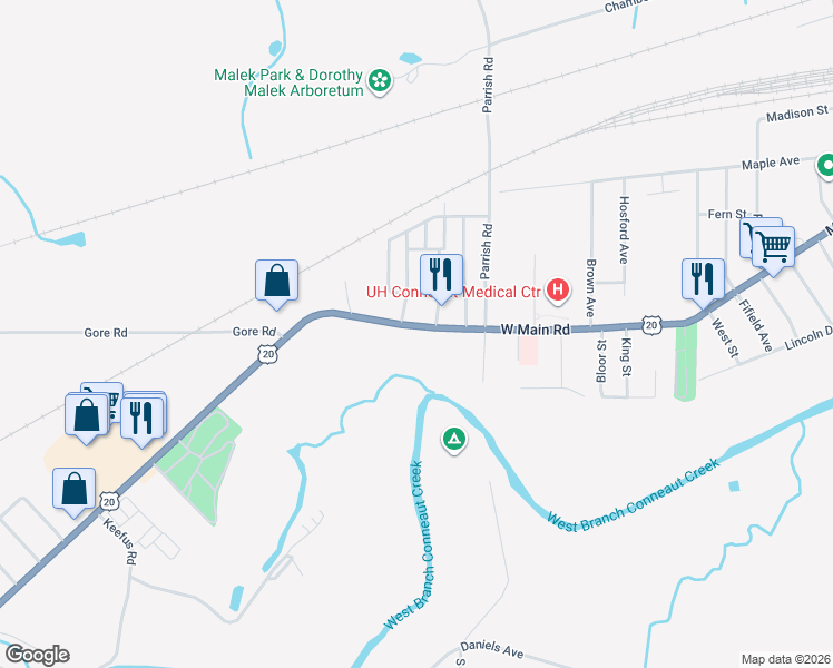 map of restaurants, bars, coffee shops, grocery stores, and more near 219 West Main Road in Conneaut
