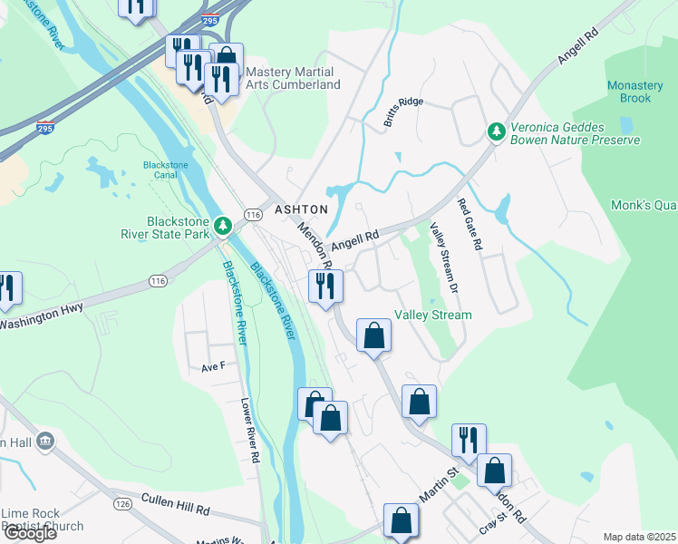 map of restaurants, bars, coffee shops, grocery stores, and more near 20 Old Angell Road in Cumberland