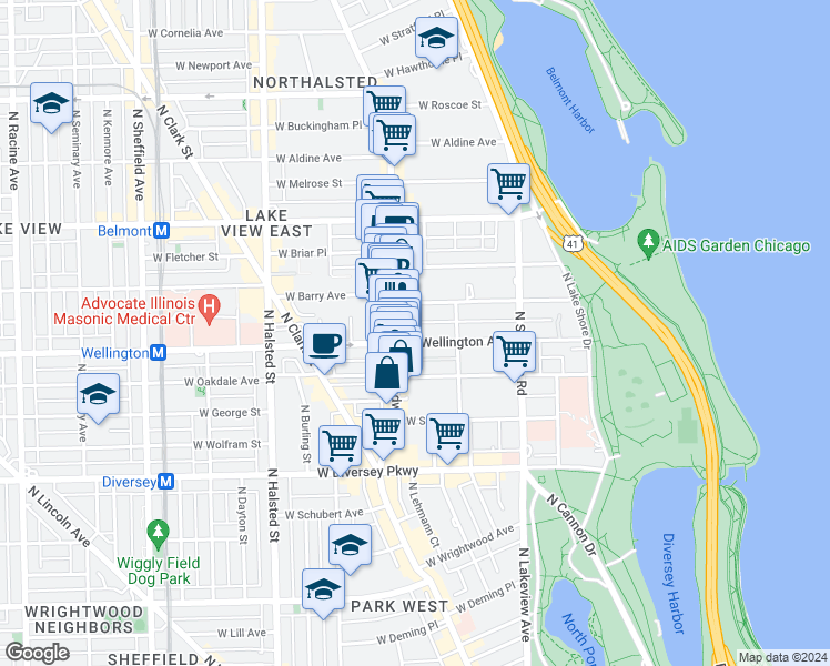 map of restaurants, bars, coffee shops, grocery stores, and more near 538 West Wellington Avenue in Chicago