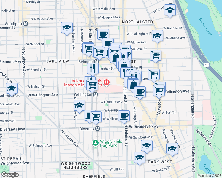 map of restaurants, bars, coffee shops, grocery stores, and more near 836 West Wellington Avenue in Chicago