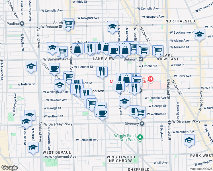 map of restaurants, bars, coffee shops, grocery stores, and more near 3025 North Racine Avenue in Chicago