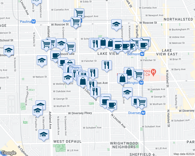map of restaurants, bars, coffee shops, grocery stores, and more near 1225 West Nelson Street in Chicago