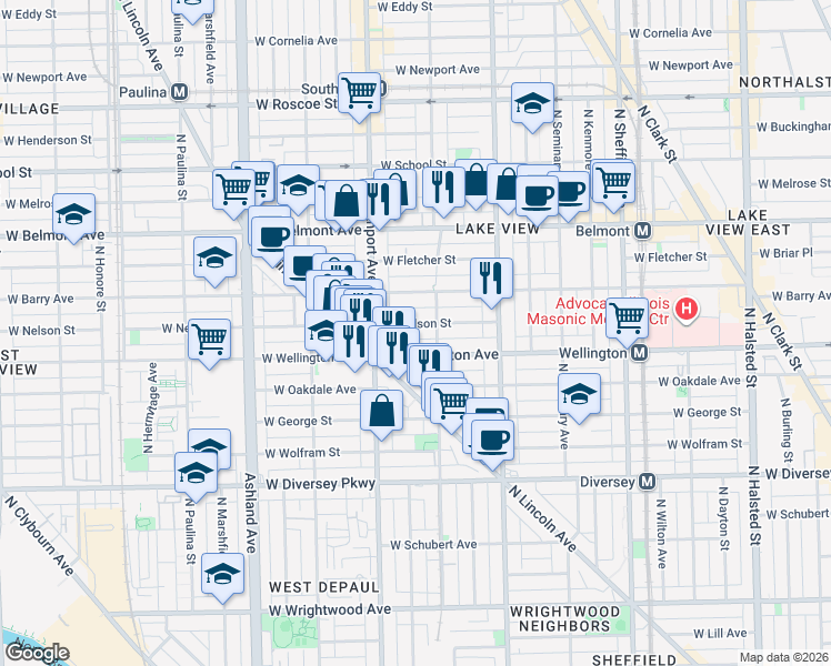 map of restaurants, bars, coffee shops, grocery stores, and more near 1301 West Nelson Street in Chicago