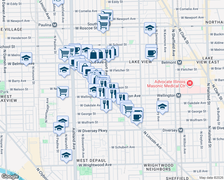 map of restaurants, bars, coffee shops, grocery stores, and more near 1343 West Nelson Street in Chicago