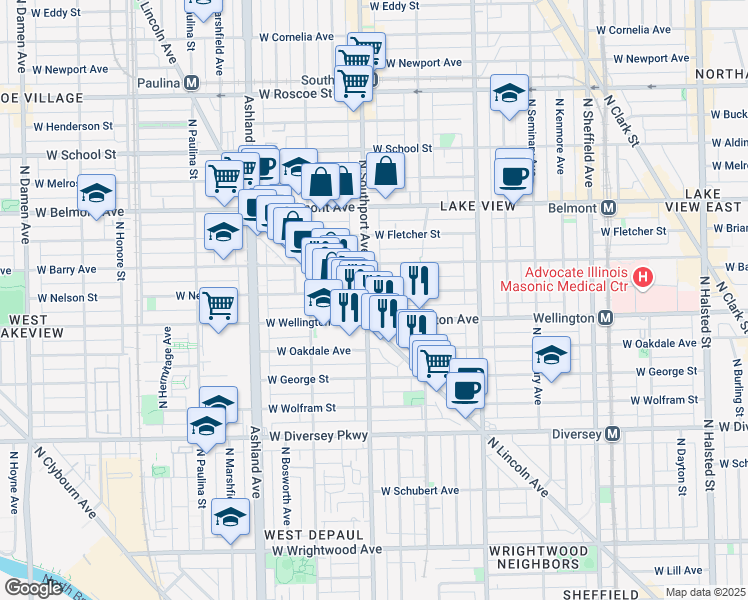 map of restaurants, bars, coffee shops, grocery stores, and more near 1343 West Nelson Street in Chicago