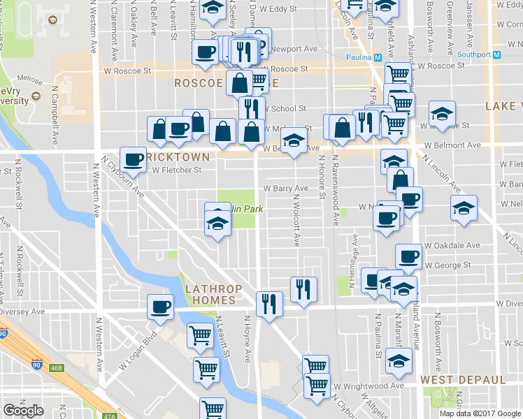 map of restaurants, bars, coffee shops, grocery stores, and more near in Chicago