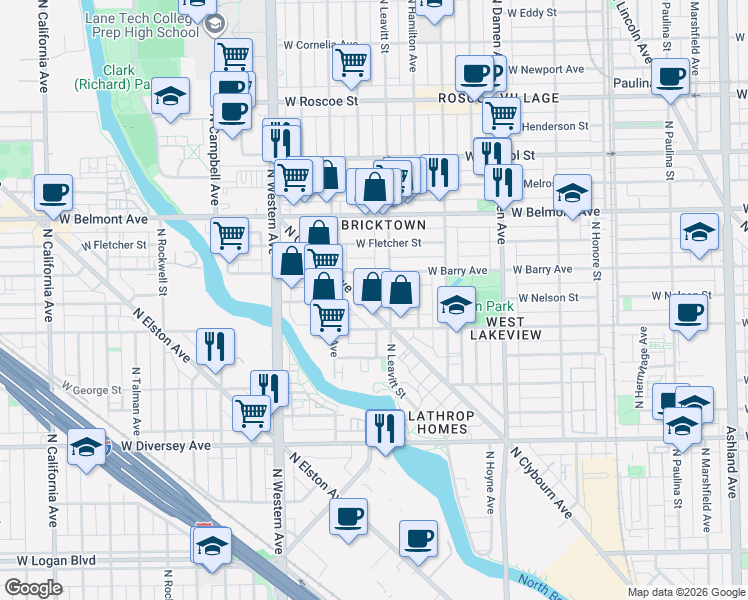 map of restaurants, bars, coffee shops, grocery stores, and more near 3037 North Clybourn Avenue in Chicago