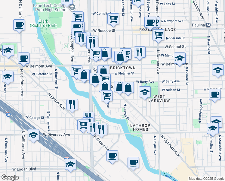 map of restaurants, bars, coffee shops, grocery stores, and more near 3064 North Clybourn Avenue in Chicago