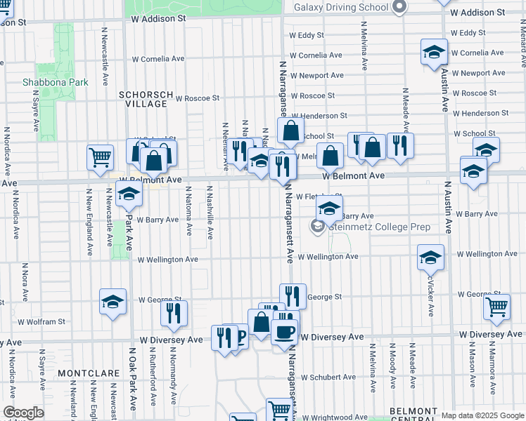 map of restaurants, bars, coffee shops, grocery stores, and more near 3116 North Nagle Avenue in Chicago