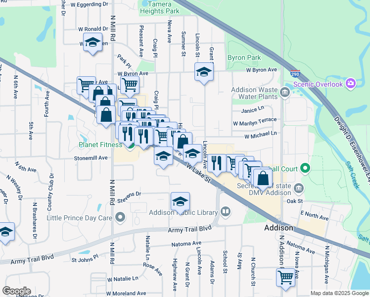map of restaurants, bars, coffee shops, grocery stores, and more near 515 Highview Avenue in Addison