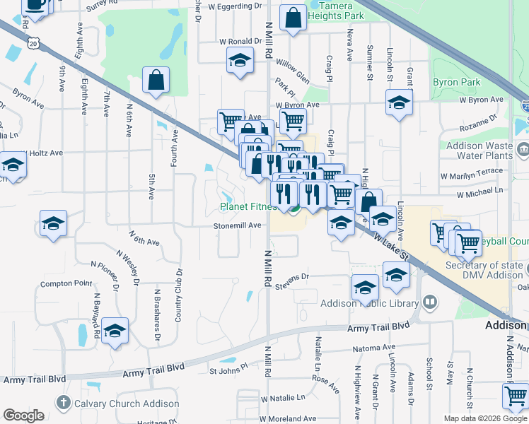 map of restaurants, bars, coffee shops, grocery stores, and more near 520 North Mill Road in Addison