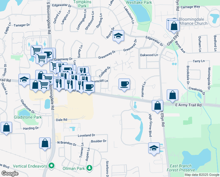 map of restaurants, bars, coffee shops, grocery stores, and more near 2121 Pepperwood Lane in Glendale Heights