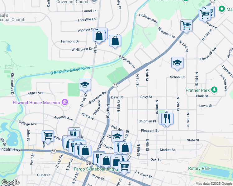 map of restaurants, bars, coffee shops, grocery stores, and more near 512 Kendall Lane in DeKalb