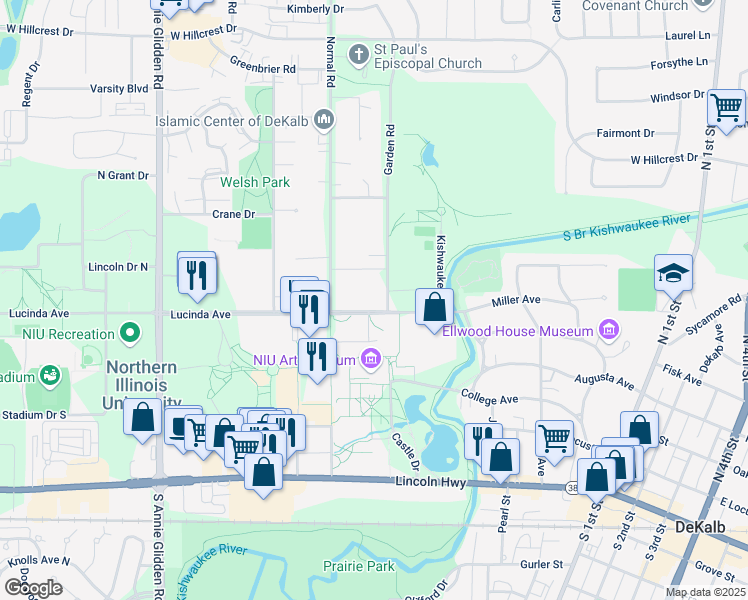 map of restaurants, bars, coffee shops, grocery stores, and more near 517 Lucinda Avenue in DeKalb