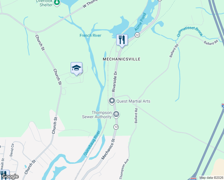 map of restaurants, bars, coffee shops, grocery stores, and more near 78 Riverside Drive in Thompson
