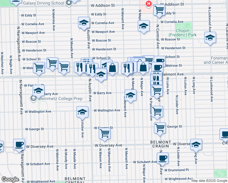 map of restaurants, bars, coffee shops, grocery stores, and more near 3111 North Monitor Avenue in Chicago