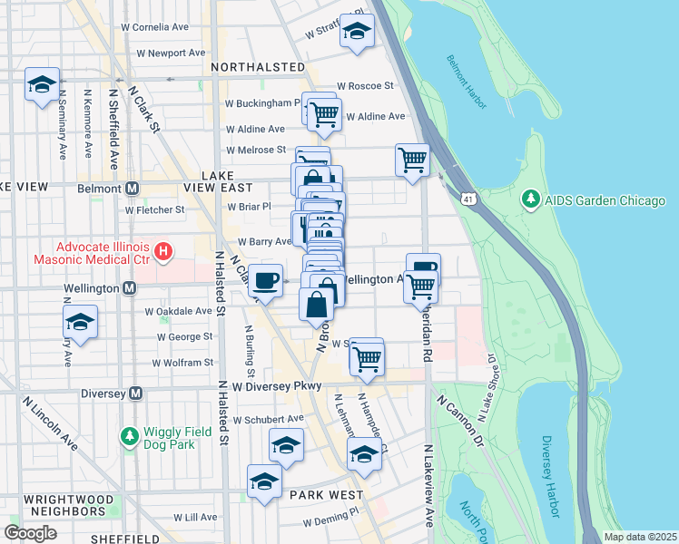 map of restaurants, bars, coffee shops, grocery stores, and more near 540 West Wellington Avenue in Chicago