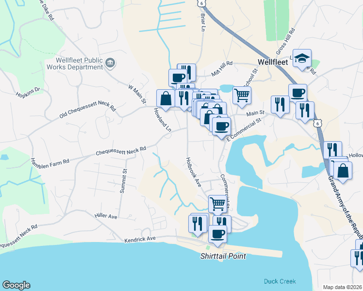 map of restaurants, bars, coffee shops, grocery stores, and more near 225 Holbrook Avenue in Wellfleet