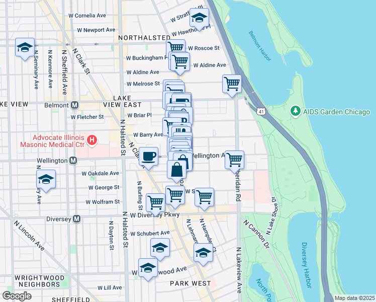 map of restaurants, bars, coffee shops, grocery stores, and more near 544 West Wellington Avenue in Chicago