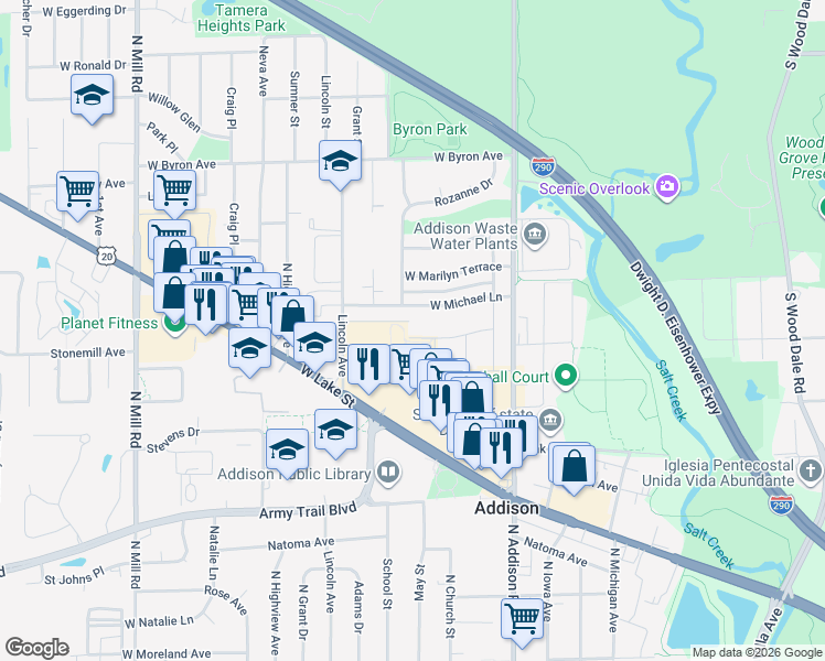 map of restaurants, bars, coffee shops, grocery stores, and more near 126 Elizabeth Drive in Addison