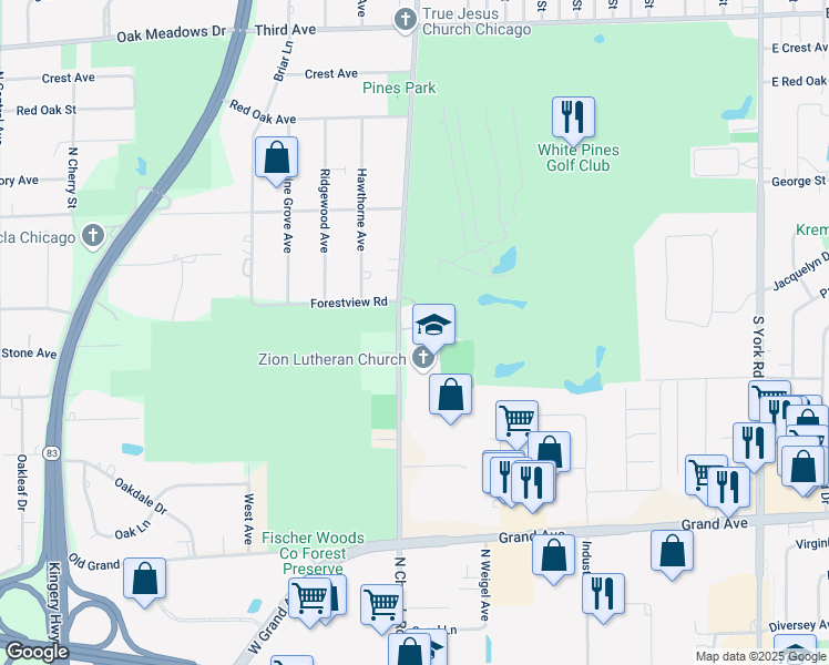 map of restaurants, bars, coffee shops, grocery stores, and more near 855 South Church Road in Bensenville