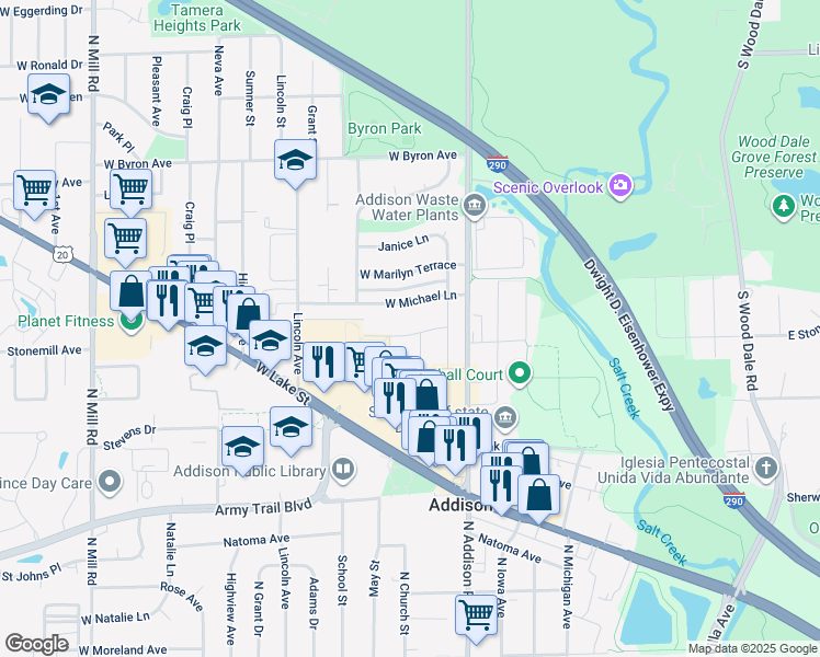 map of restaurants, bars, coffee shops, grocery stores, and more near 119 West Michael Lane in Addison