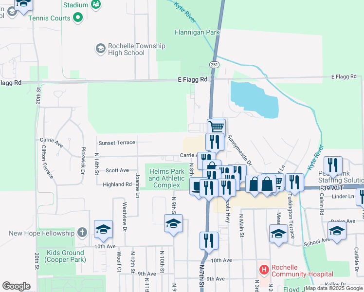 map of restaurants, bars, coffee shops, grocery stores, and more near 1240 North 7th Street in Rochelle