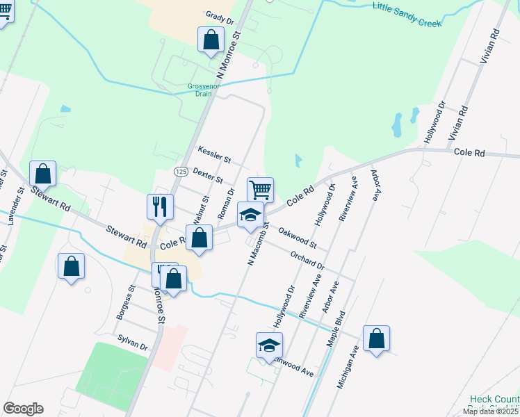 map of restaurants, bars, coffee shops, grocery stores, and more near 1525 Beechwood Street in Monroe
