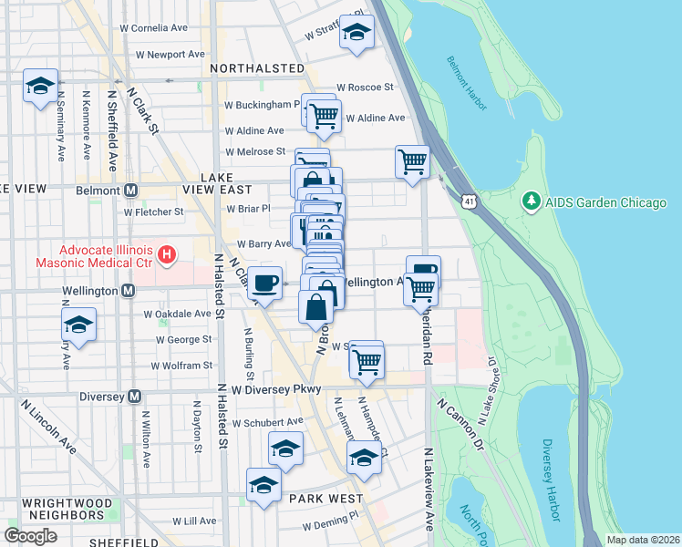 map of restaurants, bars, coffee shops, grocery stores, and more near 538 West Wellington Avenue in Chicago