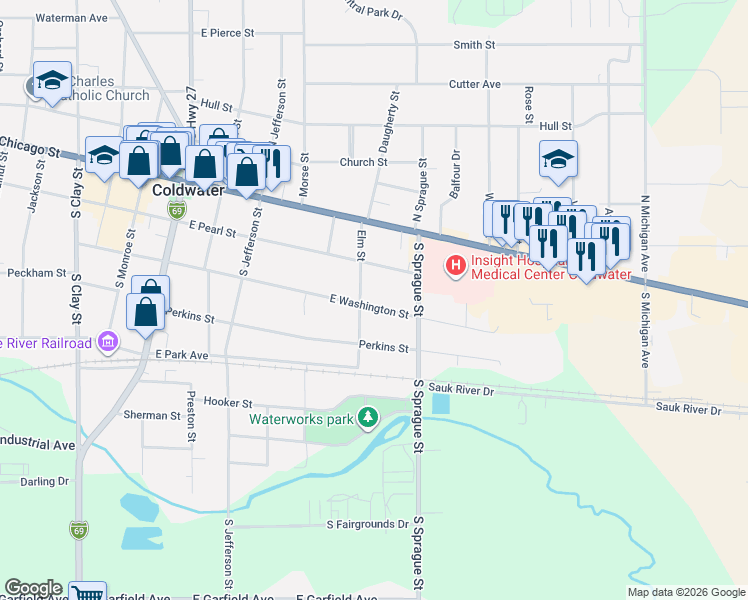 map of restaurants, bars, coffee shops, grocery stores, and more near 69 Elm Street in Coldwater