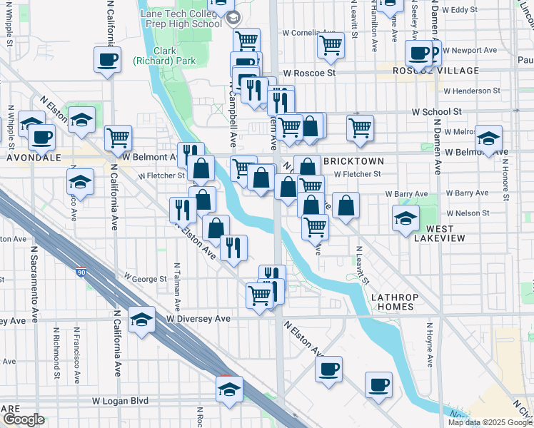 map of restaurants, bars, coffee shops, grocery stores, and more near 3030 North Western Avenue in Chicago
