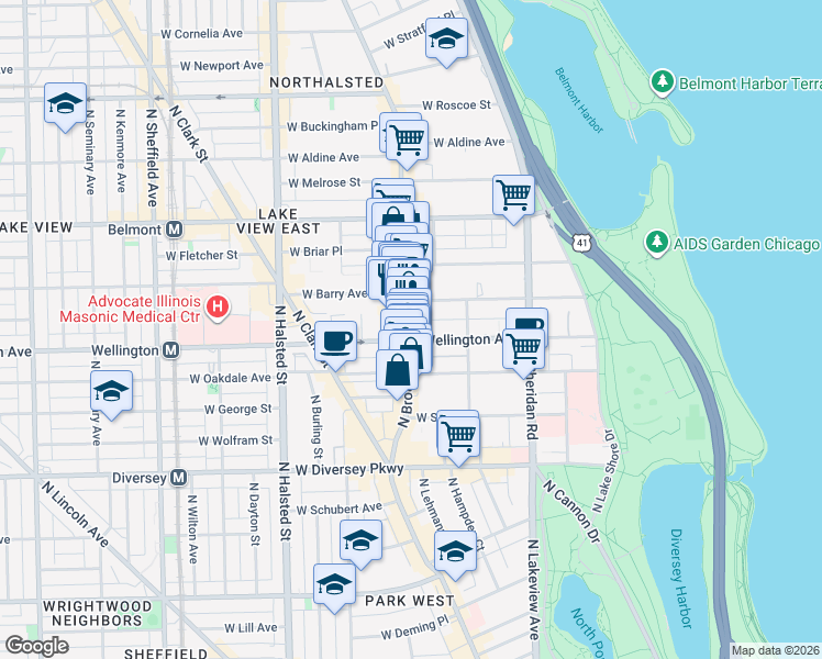 map of restaurants, bars, coffee shops, grocery stores, and more near 3013 North Broadway in Chicago