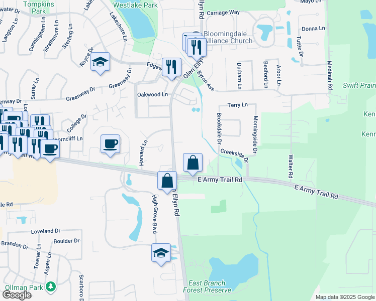 map of restaurants, bars, coffee shops, grocery stores, and more near 4N229 Glen Ellyn Road in Bloomingdale