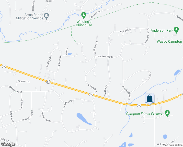 map of restaurants, bars, coffee shops, grocery stores, and more near 4N796 West Woods Court in St. Charles