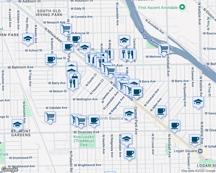 map of restaurants, bars, coffee shops, grocery stores, and more near 3073 North Avers Avenue in Chicago
