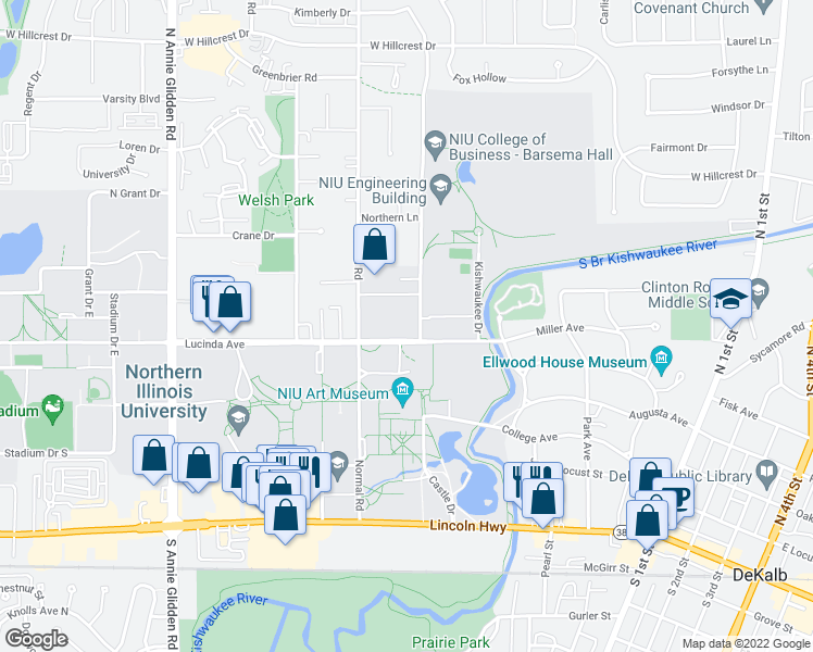 map of restaurants, bars, coffee shops, grocery stores, and more near 517 Lucinda Avenue in DeKalb