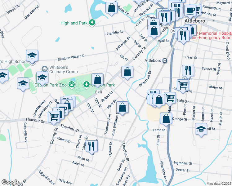 map of restaurants, bars, coffee shops, grocery stores, and more near 20 Summer Street in Attleboro