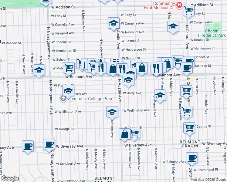 map of restaurants, bars, coffee shops, grocery stores, and more near 6018 West Barry Avenue in Chicago