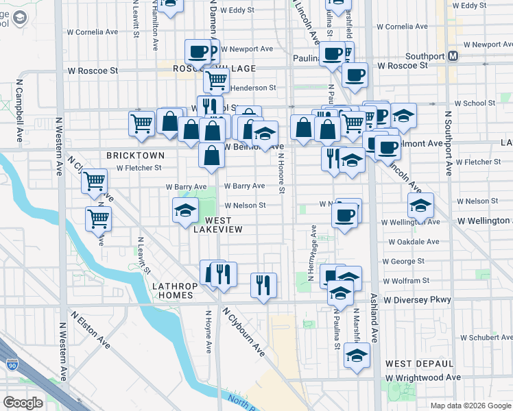map of restaurants, bars, coffee shops, grocery stores, and more near West Nelson Street in Chicago